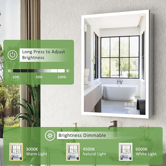 Medicine Cabinet with Lights, Bathroom LED Mirror Cabinet with Storage, Anti-Fog & 3 Color Lights, Recessed or Wall Mounted (24X32 in)