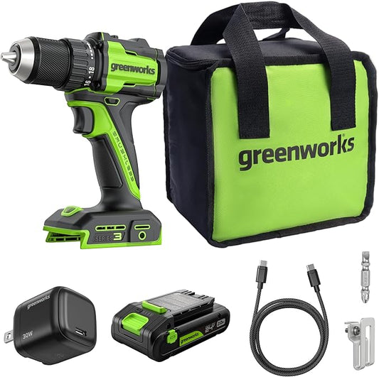 Greenworks 24V Cordless Brushless 400 in-lbs Drill/Driver, Lightweight, LED Work Light,18+1 Clutch, 2.0Ah USB-C Battery (12,000mAh Power Bank),30W USB-C Charger and USB C to USB C Cable(3.3FT)