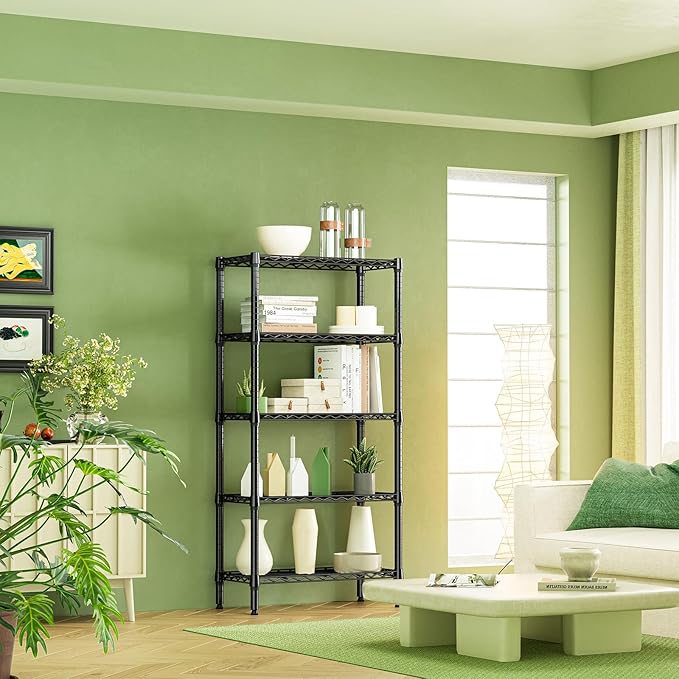 IZEUK 5 Tier Black Metal Storage Shelves, Heavy Duty Wire Shelving Rack for Garage, Kitchen, Bathroom, Laundry, Closet Organizer, 1250 lbs Capacity, 11.8" D x 29.5" W x 59.5" H