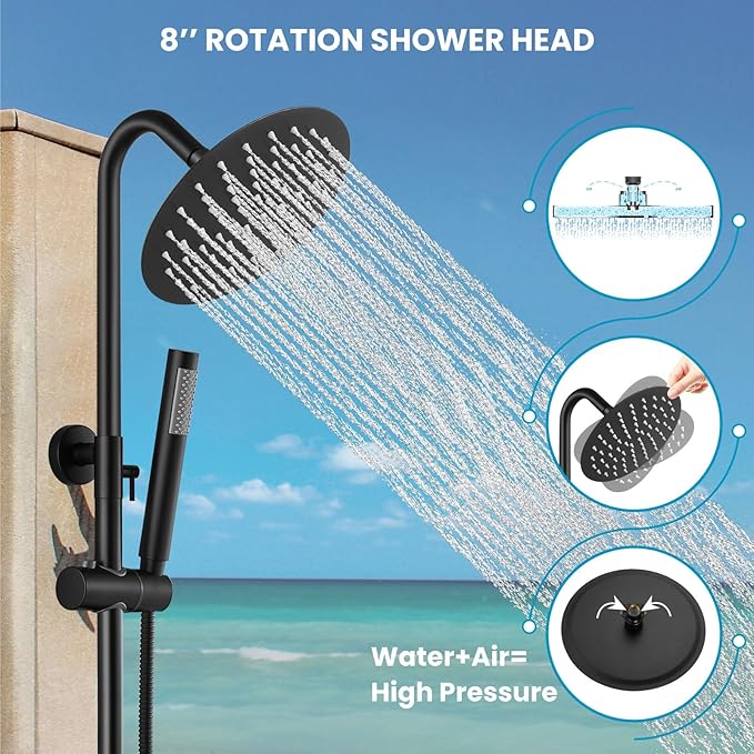 gotonovo SUS304 Outdoor Shower Fixture High Pressure Shower System Wall Mount 2 Dual Function Single Handle Shower Kit with 8 Inch Shower Head and Handheld Spray Shower Faucet Combo, Matte Black