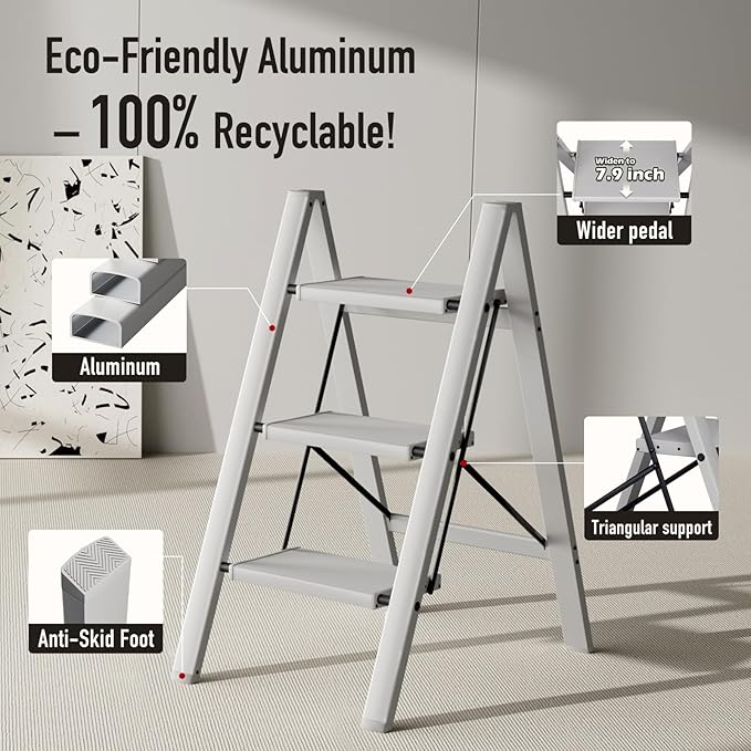 3 Step Ladder,Aluminum Folding Step Stool for Adults,Step Ladder with Wide Anti-Slip Pedal,330 lbs Capacity for Home,Office,Kitchen,Library(Grey)