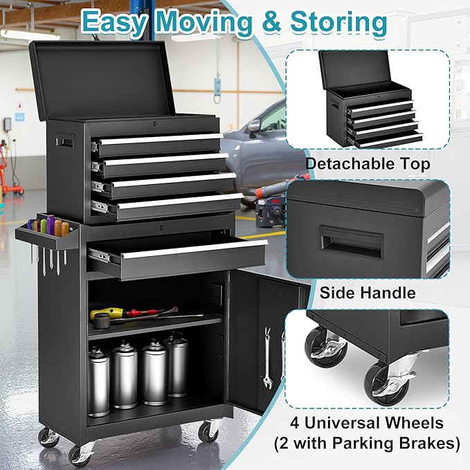 Tool Chest 5 Drawers Garage Storage Cabinet 2 in 1 Steel Frame Tool Chest with Wheels, Protective Liner, Detachable Top and Adjustable Shelf, Tool Box for Garage Workshop, Black