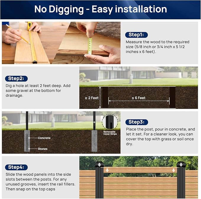 1 Pack 8FT Inground Aluminum Fence Posts for 6FT Privacy Panels, 3-Way Matte Black Wood Fence Posts, Rustproof & Weather-Resistant for Outdoor Use