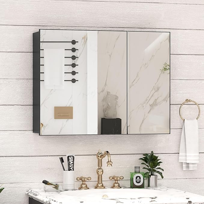32 x 24 Farmhouse Medicine Cabinet, Tempered Frameless Bathroom Mirror with Storage, Black Recessed or Surface Mount Aluminum Medicine Cabinet for Bathroom Modern