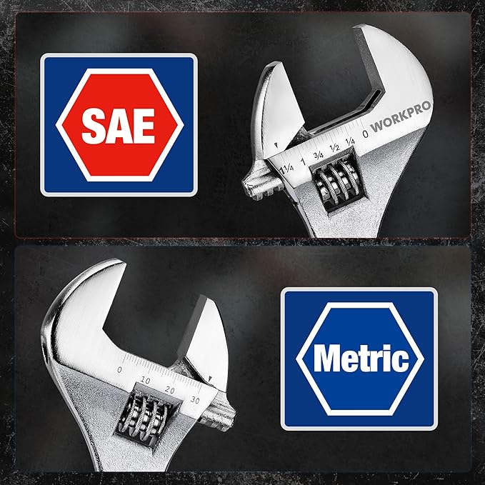 WORKPRO 3-Piece Adjustable Wrench Set, Forged Carbon Steel, Chrome-Plated, SAE & Metric Scale (6-inch, 8-inch, 10-inch)