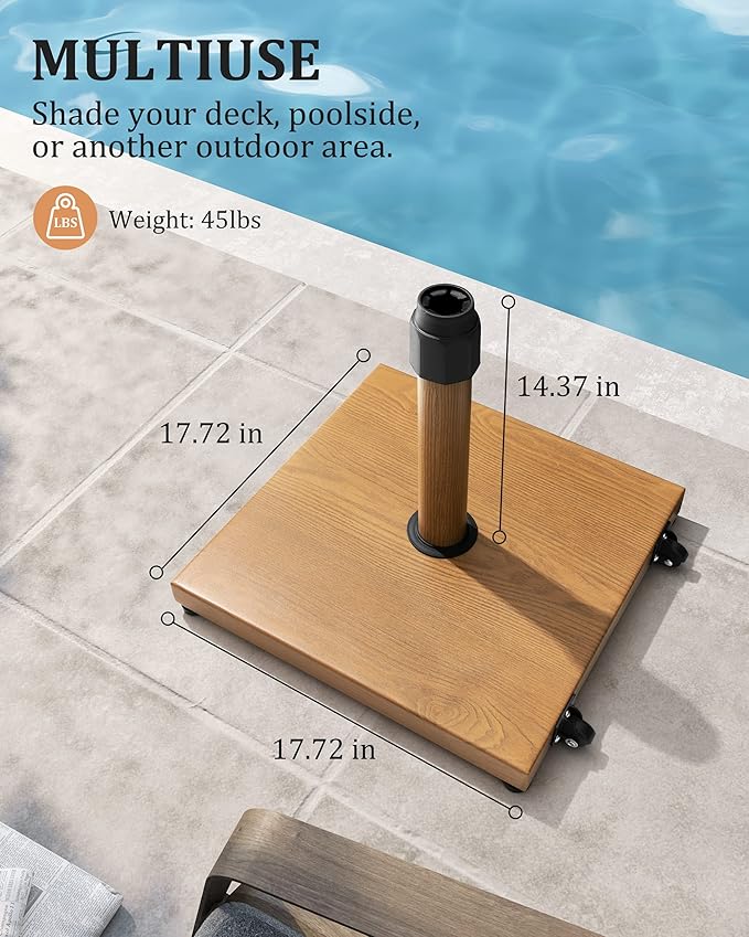 42lbs Patio Umbrella Base with Wheels - Heavy Duty Outdoor Patio Market Umbrella Stand for Deck, Poolside, Balcony, Wind-Resistant Design, Decorative Wood Pattern