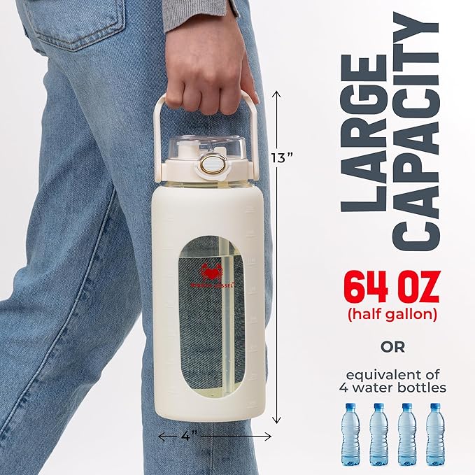 Leakproof 64oz glass water bottle with Time Markers - White Large Water Bottle with Measurements - Pregnancy Water Bottle Tracker - Half Gallon Water Bottle with Straw, 2 liter Water Bottle Glass