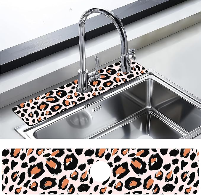 Kitchen Sink Splash Guard Faucet Mat Leopard Rosettes Sink Splash Guard Behind Faucet,1 PC Soft Diatom Mud Non-Slip Mat -for Kitchen,Sink Mat,Dish Drying Mat,Bathroom Faucet Mat 23.5"X5.5"