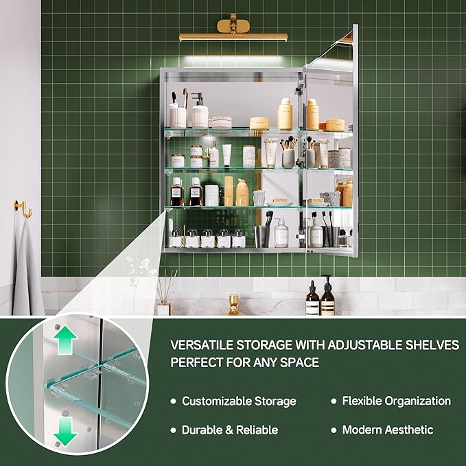 24''×30'' Bathroom Storage Cabinet with Mirror Door, Medicine Cabinet for Bathroom, Recessed/Surface Mount, Blum Hinge Soft Close Door, Right Swing