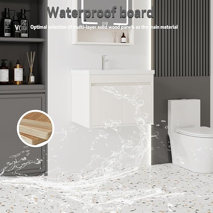 24'' Bathroom Vanity with Ceramic Sink Combo, Wall Mounted Small Bathroom Vanity with Soft-Close Door Modern Floating Cabinet, Pop-up Drain, P-Trap Included, Khaki(No Faucet)