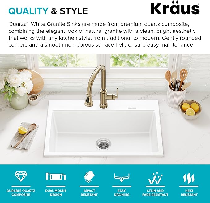 KRAUS Quarza 31-inch Granite Drop-In/Undermount Single Bowl White Kitchen Sink, KGD-412BWHITE