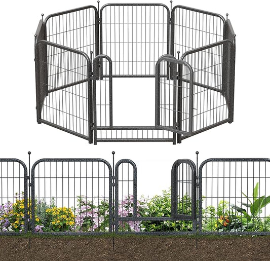 Metal Garden Fence with 7 Panels 1 Gate Outdoor Dog Fence 18ft (L)×32in (H) Decorative Pet & Animal Barrier, Garden and Yard Fencing，Black-Silver