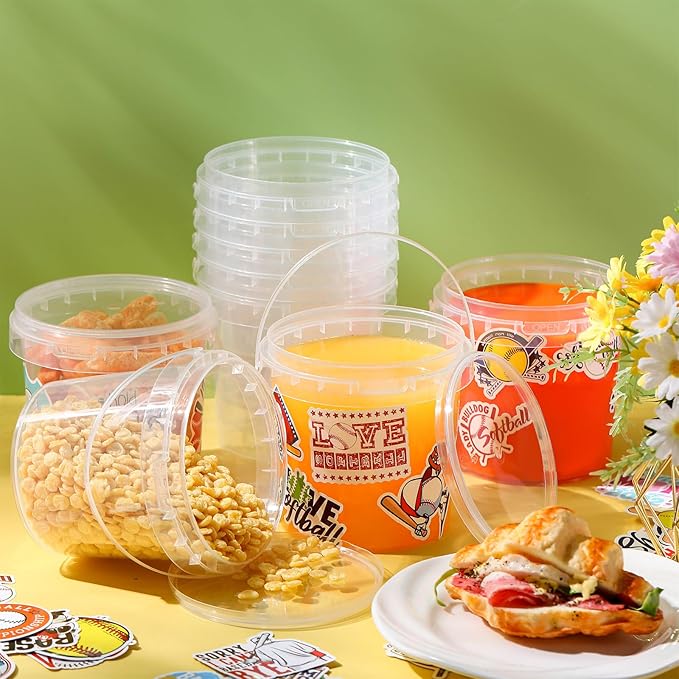 PerKoop 20 Pcs 32 oz Baseball Ice Cream Buckets with Lids and Handles Clear Cocktail Rum Buckets for Drinks with 200 Stickers Plastic Transparent Tub Reusable Food Storage Containers for Parties