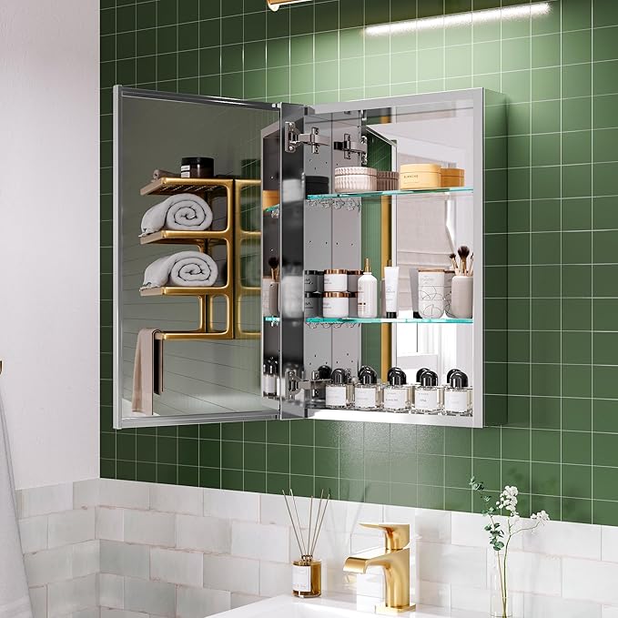 16’’×24’’ Bathroom Mirrored Cabinet Soft-Close Medicine Cabinet, Vanity Mirror for Bathroom, Adjustable Shelves, Recessed/Surface Mount, Blum Hinge, Left Swing