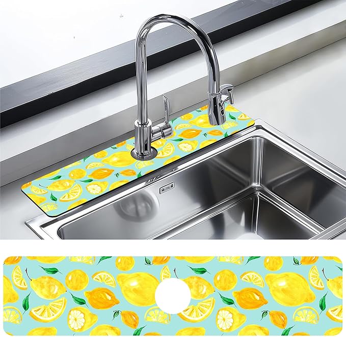 Kitchen Sink Splash Guard Faucet Mat Watercolor Lemon Citrus Sink Splash Guard Behind Faucet,1 PC Soft Diatom Mud Non-Slip Mat-for Kitchen,Dish Drying Mat,Bathroom Faucet Mat 23.5""X5.5""