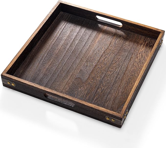 Yangbaga Serving Tray with Handles,12.5"*12.5"Wood Decorative Tray for Living Room,Modern Coffee Table Tray,Square Large Serving Platters for Home Decor,Ottoman,Bed,Kitchen,Bathroom, Breakfast,Bar