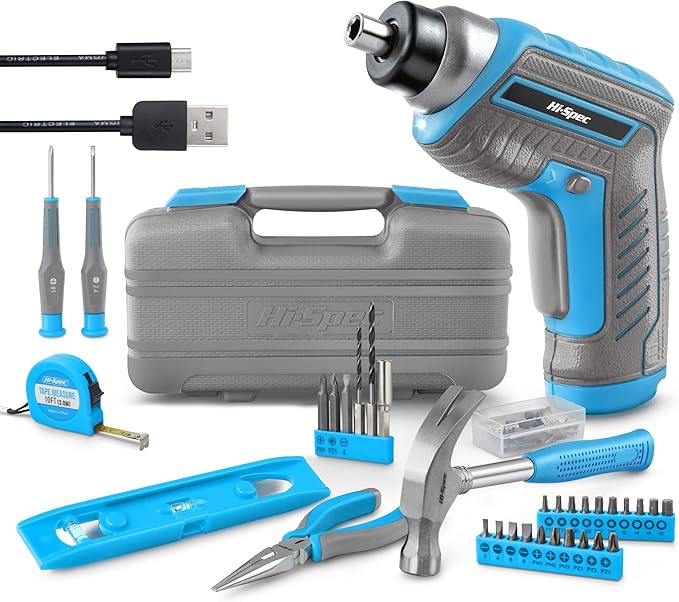 Hi-Spec 35pc Blue Tool Kit with 3.6V USB Electric Screwdriver and Drill set. Complete General Tool Set