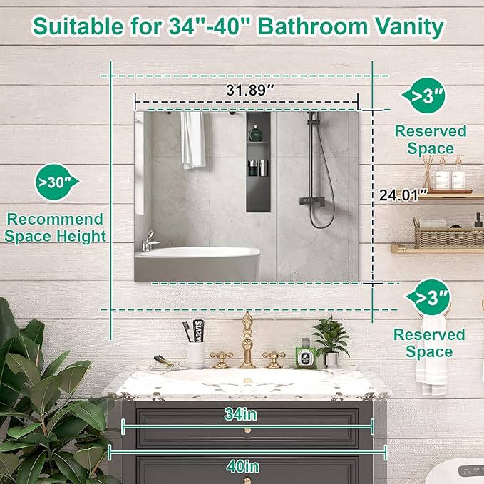 32 x 24 Farmhouse Medicine Cabinet, Tempered Frameless Bathroom Mirror with Storage, Silver Recessed or Surface Mount Aluminum Medicine Cabinet for Bathroom Modern