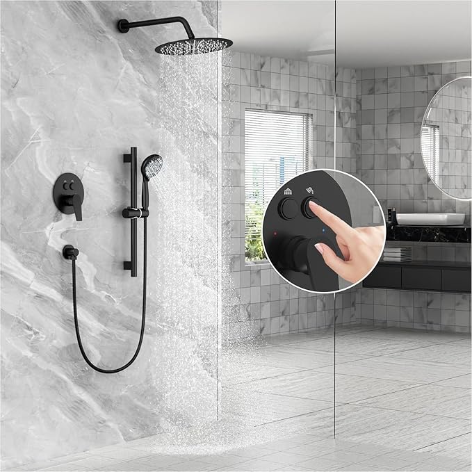 SR SUN RISE Matte Black Shower Faucet Set - 12 Inch Rain Shower Head with Adjustable Slide Bar Combo Set - Wall Mounted Rain Shower System Bathroom (Valve and Trim Kit Included)