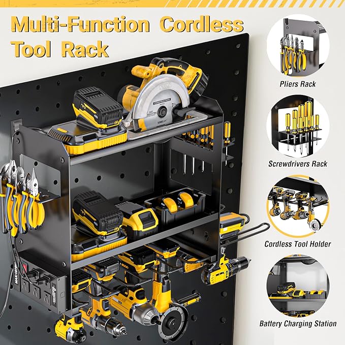 YYR Power Tool Organizer Wall Mount with Charging Station, Cordless Tools Hanger and Battery Storage Rack for Garage Organization, Heavy Duty Drill Holder Shelf Build in Metal Power Strip - Black