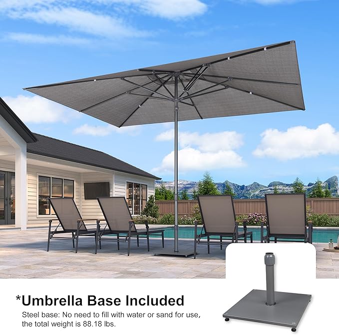 PURPLE LEAF 9 X 12 FT Semi-Auto Outdoor Patio Umbrella with Base Market Table Sun Umbrellas with 8 Aluminum Sturdy Ribs for Backyard Deck Garden Pool (Gray Pole Gray Canopy)