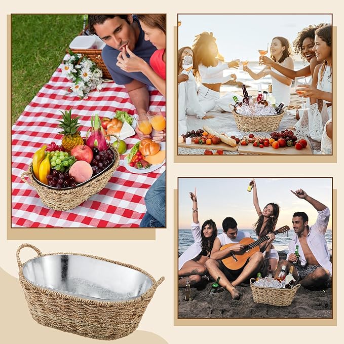 Domensi 2 Pcs Small 3 Gallons Ice Bucket with Wicker Outer Basket Handle Beverage Tub Grass Rope Woven Farmhouse Galvanized Bucket for Party Seaside Bar Buffet Wine Beer Bottle, 15.5 x 9.2 x 6.1 in