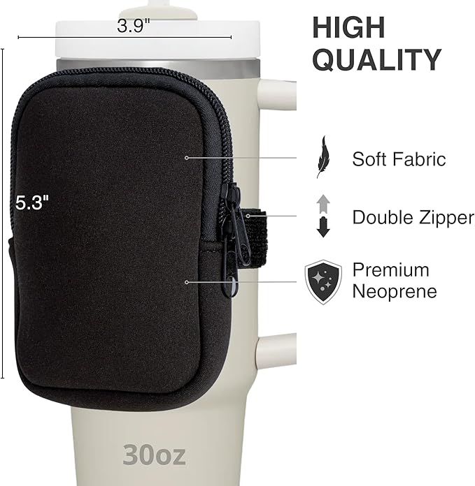 Water Bottle Pouch for Stanley Cups with 20oz 30oz 40oz Stanley Quencher Adventure & Stanley IceFlow, Gym Accessories for Women Tumbler Pouch with Strap & Zipper Cup Purse for Card Keys (Black, Small)