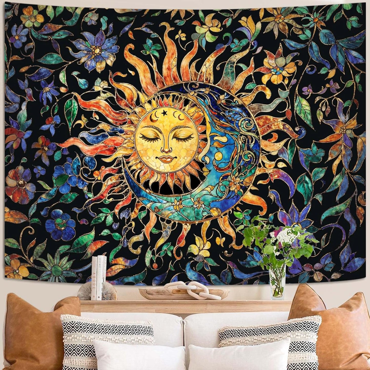 Aipon Sun and Moon Tapestry for Bedroom Boho Hippie Floral Wall Tapestry Aesthetic Vintage Stained Glass Plant Extra Large Tapestries Wall Hanging for Living Room Dorm 90 x 68 Inch