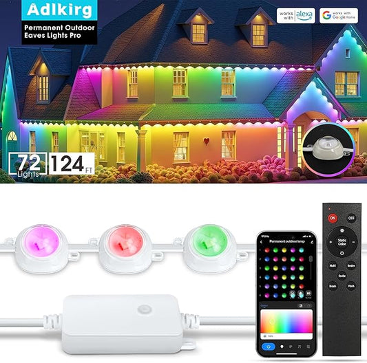 Permanent Outdoor Lights for House & Year-Round Use - Smart RGB+IC Color Changing Lights with APP/Voice Control, IP67 Waterproof, 124FT 72LEDs - Christmas, Patio, Garden, Commercial Decoration