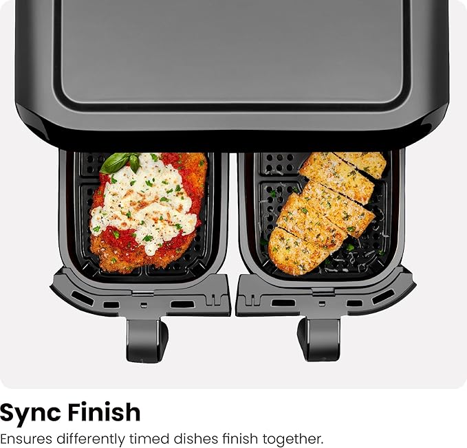 Chefman 6 Quart Dual Basket Air Fryer - Digital Touchscreen, Smart Sync Finish, Hi-Fry, Auto Shutoff, 2 Independent 3QT Nonstick Dishwasher-Safe Frying Baskets - Digital Double Air Fryer - Black