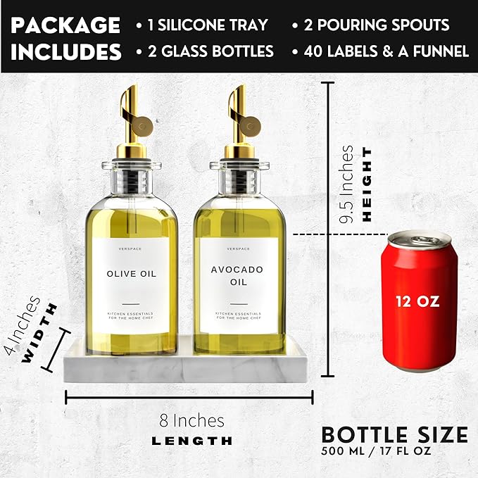 Olive Oil Dispenser For Kitchen With Silicone Tray & 40 Labels, Soy Sauce Dispenser, Coffee Syrup Dispenser, Olive Oil Bottles Set Of 2, Gold 500ml / 17oz