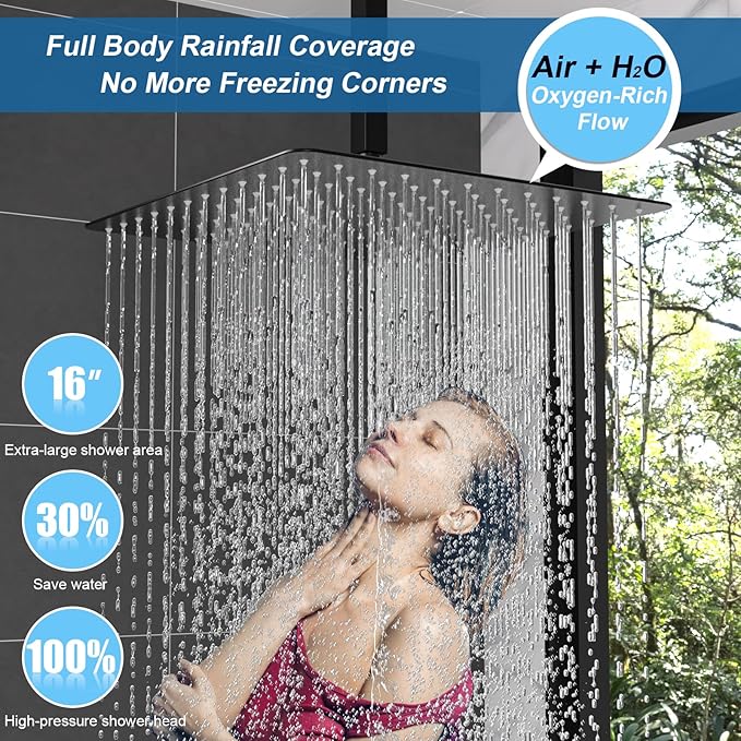 Enga Thermostatic Shower Faucet Set (Eco-Performance), 16 Inch Ceiling Mount Shower Head with 6 Inch Wall Mount Shower Head Dual Shower Faucet Set, All Functions Can operate Simultaneously