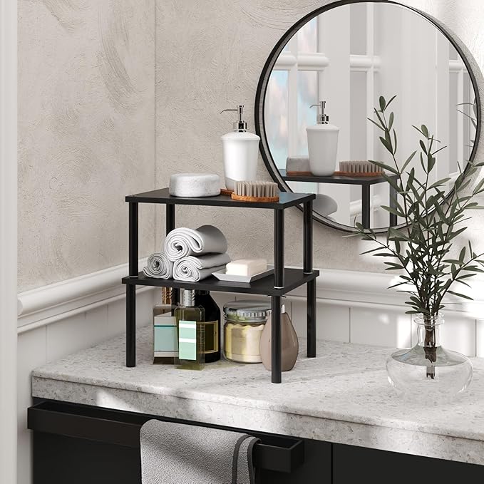 Cabinet Organizer Shelf(Set of 2),Kitchen Counter Shelves,Bamboo Spice Rack Countertop and Cabinet,Stackable Expandable,Medium(Black)