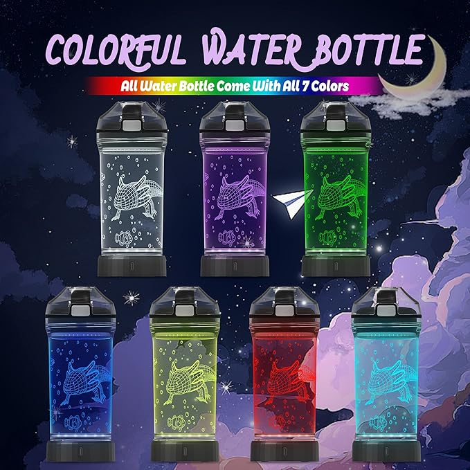 Axolotl Water Bottle with 3D Glowing LED Light - 14 OZ Tritan BPA Free - Creative Ideal Travel Cup Gift for School Kid Boy Child Gamer Holiday Camping Picnic