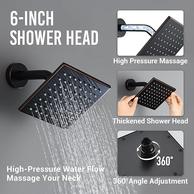 Oil Rubbed Bronze Thermostatic Shower System with Ceiling 12 Inch Rainfall Shower & Wall Mount 6-Inch High Pressure Shower Head, Dual Shower Heads Set with Handheld Sprayer, Shower Faucet