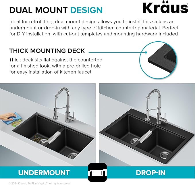 KRAUS Quarza 33-inch Drop-In/Undermount 50/50 Double Bowl Granite Kitchen Sink in Black Onyx, KGD-433B