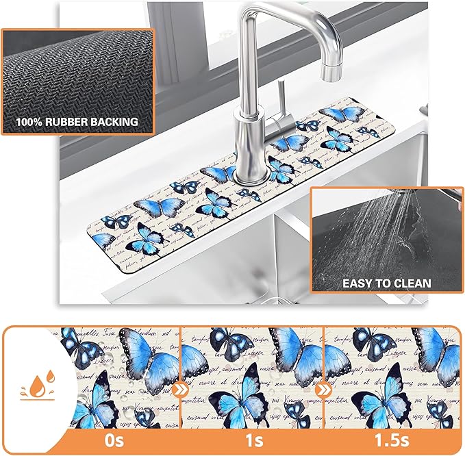 Kitchen Sink Splash Guard Faucet Mat Butterflies Hand Written Text Sink Splash Guard Behind Faucet,1 PC Soft Diatom Mud Non-Slip Mat-for Kitchen,Dish Drying Mat,Bathroom Faucet Mat 23.5"X5.5"