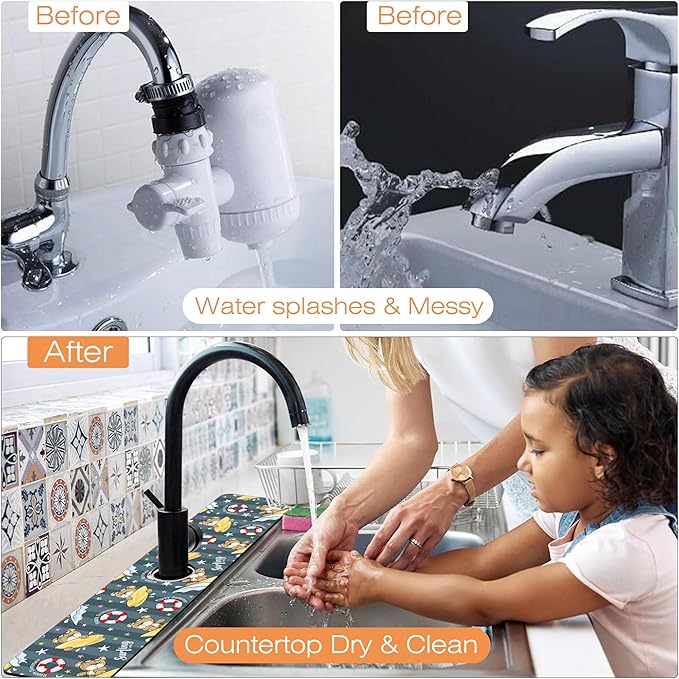 Kitchen Sink Splash Guard Faucet Mat Cartoon Bear Surfing Sink Splash Guard Behind Faucet,1 PC Soft Diatom Mud Non-Slip Mat-for Kitchen,Sink Mat,Dish Drying Mat,Bathroom Faucet Mat 23.5"X5.5"