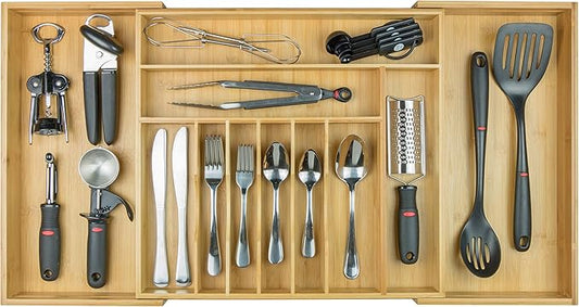 KitchenEdge Premium Silverware, Flatware and Utensil Organizer for Kitchen Drawers, Food-Safe Contract Grade, Expandable from 18 to 33 In, Natural Bamboo