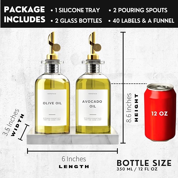 Olive Oil Dispenser Bottle For Kitchen With Silicone Tray & 40 Labels, Soy Sauce Dispenser, Coffee Syrup Dispenser, Olive Oil Bottles Set Of 2, Gold