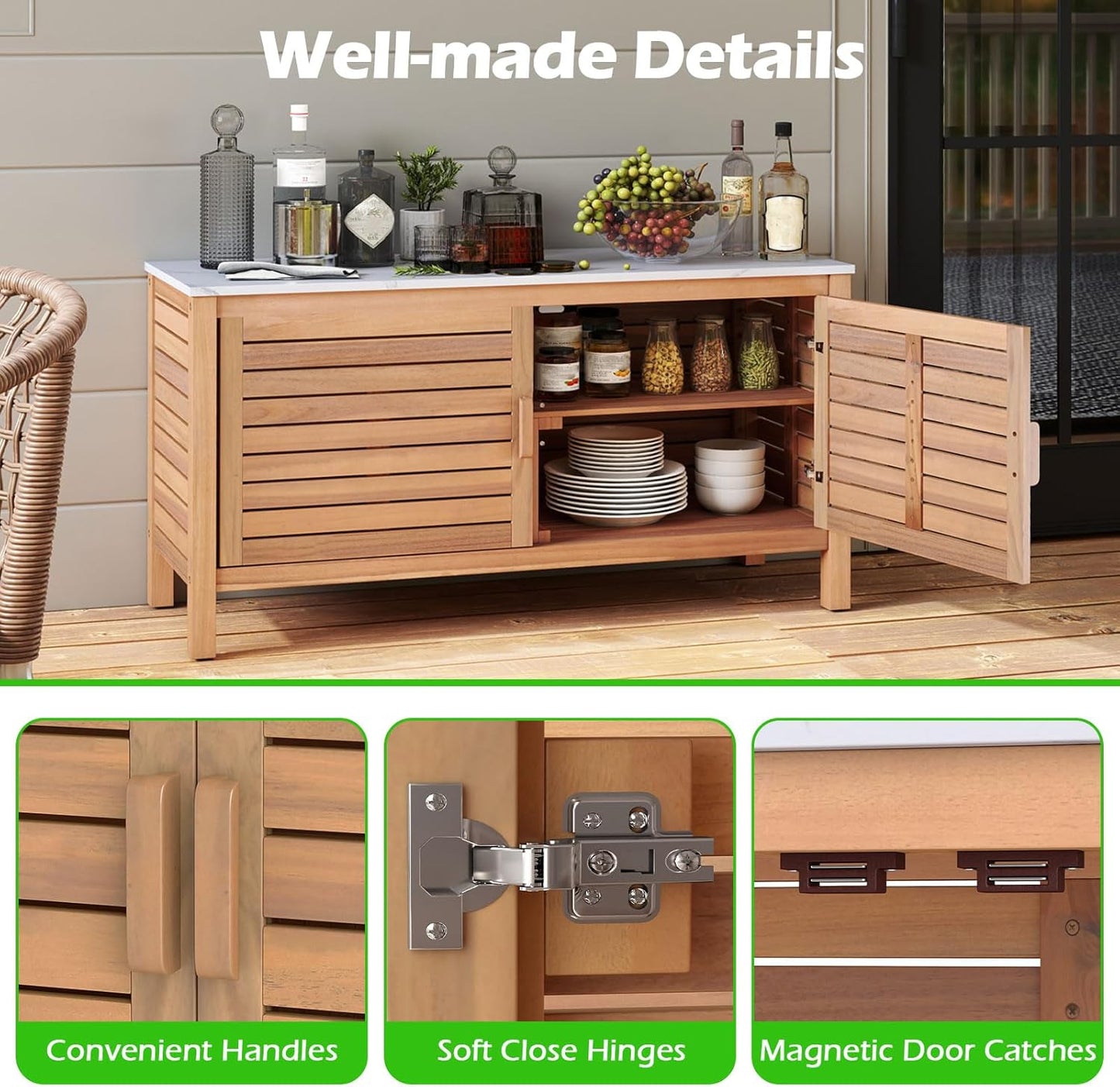 Goplus Patio Storage Cabinet, 2-Door Acacia Wood Storage Container with Faux Marble Top, Outdoor Wooden Sideboard for Deck, Garden, Lawn and Backyard