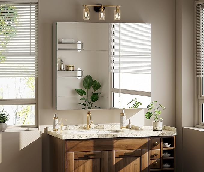 Bathroom Medicine Cabinet with Mirror, 36 Inch x 26 Inch Bathroom Mirror Cabinet with Double Door & Adjustable Shelves, Surface Mount or Recess Installation