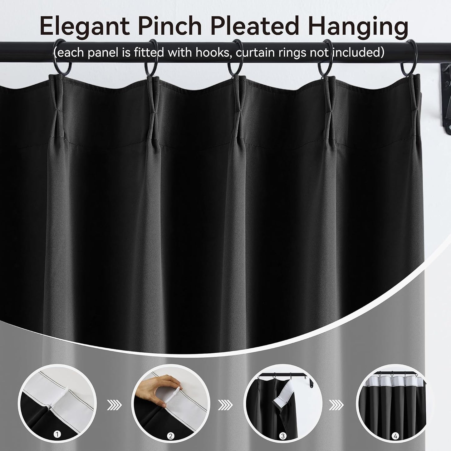 KangBang Black Out Curtain Panels 96 Inches Long for Living Room, Soundproof Thermal Insulated Long Black Solid Curtains/Drapes for Sliding Patio Door Basement, Elegant Modern Decor 2 Panels,40Wx96L