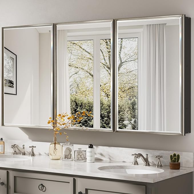 60x30 Brushed Nickel Medicine Cabinet, Recessed or Surface Large Framed Medicine Cabinet with 3 Beveled Mirror Door & Adjustable Shelves, Shatterproof, Pre-Assembled Bathroom Storage Cabinet