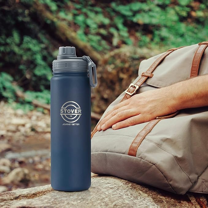 STOVER 25oz Insulated Water Bottle, Wide Mouth Double-Walled Stainless Steel- Vacuum Sealed, Leakproof, Durable, Slim Design Fits in Cup Holder- Flip Top Lid/Spout for Travel- Women/Men (Navy Blue)