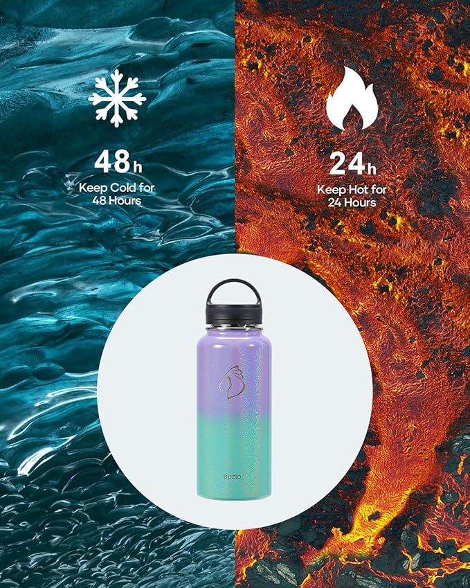BUZIO Water Bottle with Straw lid, Spout Lid, Hand Lid and Carrying Pouch, 32oz 40oz 64oz Stainless Steel Water Flask Jug, Cold for 48 Hrs Hot for 24 Hrs Double Vacuum Thermo Canteen Mug, BPA-Free