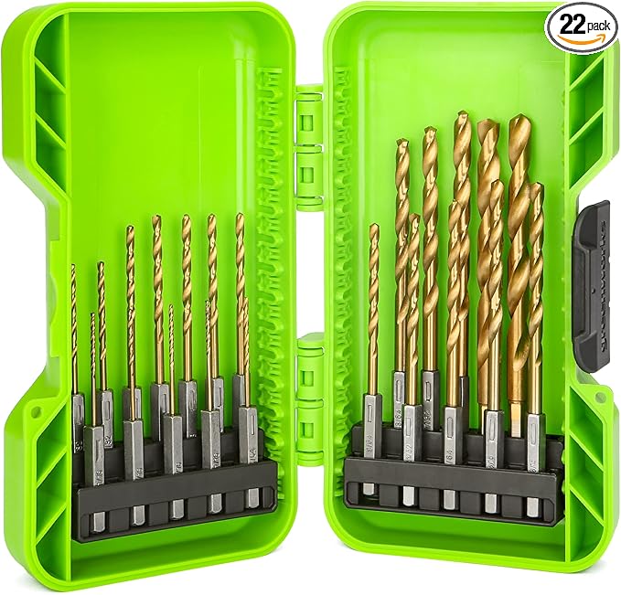 Greenworks 22 PC Titanium Twist Drill Bit Set, 135° Tip High Speed Steel, Ideal Drilling in Wood/Cast Iron/Aluminum Alloy/Plastic/Fiberglass