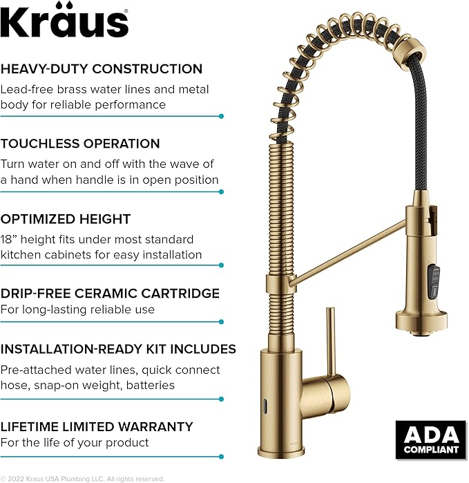 KRAUS Bolden Touchless Sensor Commercial Style Pull-Down Single Handle 18-Inch Kitchen Faucet in Brushed Brass, KSF-1610BB