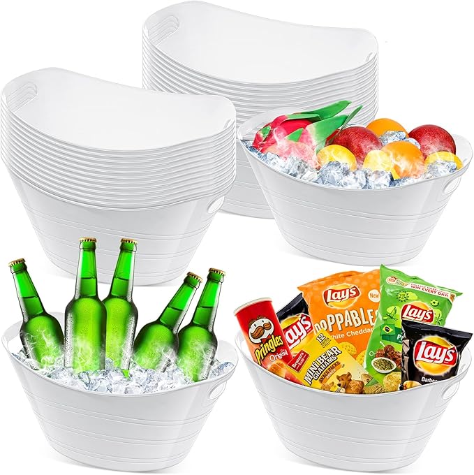 24 Pcs White Oval Storage Tub with Handles, 4.5L Plastic Ice Bucket Wine Beer Champagne Bottle Drink Cooler Tub for Parties Beverage, Storage Basket