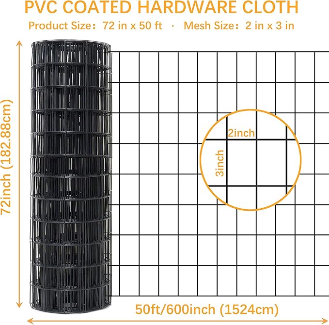 Black Metal Garden Fence, 72inch(H) x 50ft(L), 2 inch x 3 inch,14GA 2/3/4/5/6 Ft Tall Chicken Wire PVC Coated Welded Wire Mesh Roll for Dogs Border Yard Vegetable Plant Protection Poultry Netting